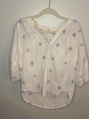 dylan White V-Neck Tunic with Pink & Purple Floral Embroidery